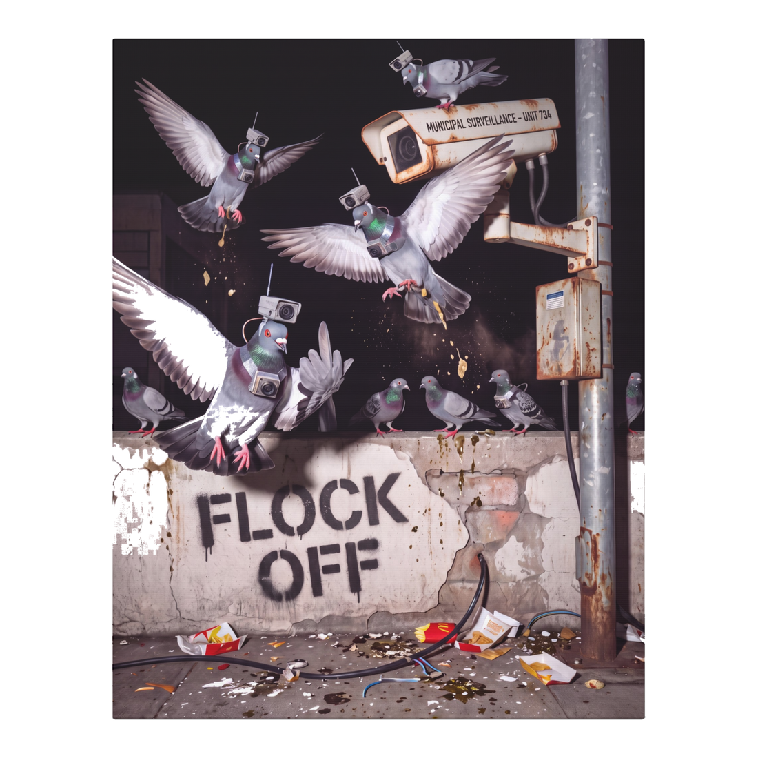 Camera-wearing pigeons attacking Flock cameras above a stenciled FLOCK OFF, on canvas wall art — 0.75''