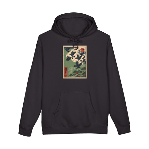 Woodblock-style crows with Flock cameras for heads flying over pines, FLOCK OFF, on a hoodie — Black