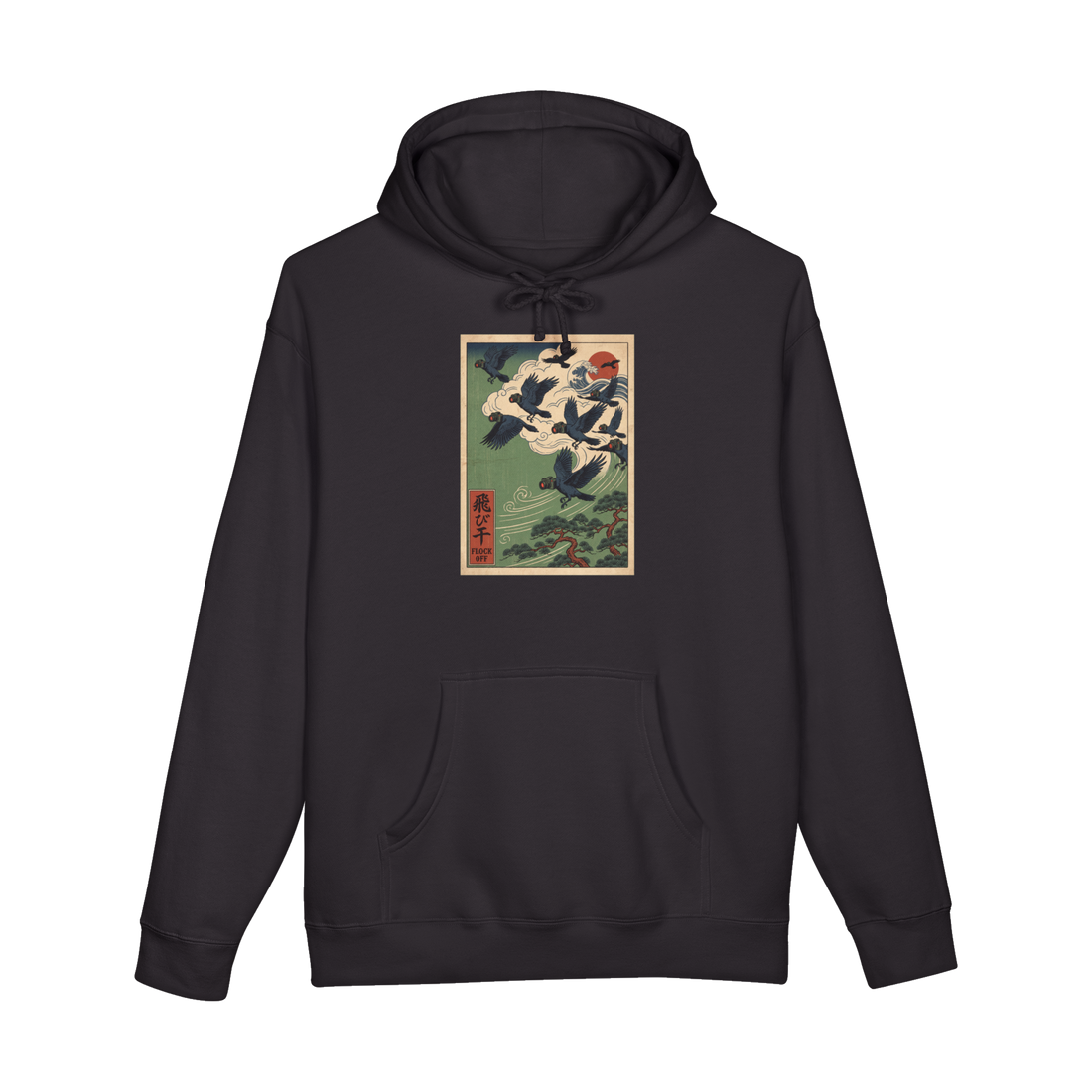 Woodblock-style crows with Flock cameras for heads flying over pines, FLOCK OFF, on a hoodie — Black