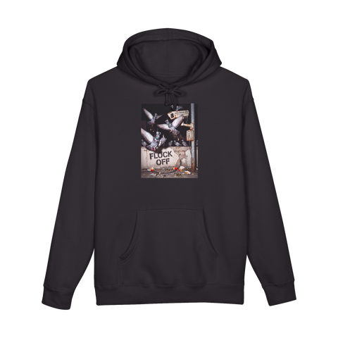 Camera-wearing pigeons attacking Flock cameras above a stenciled FLOCK OFF, on a hoodie — Black