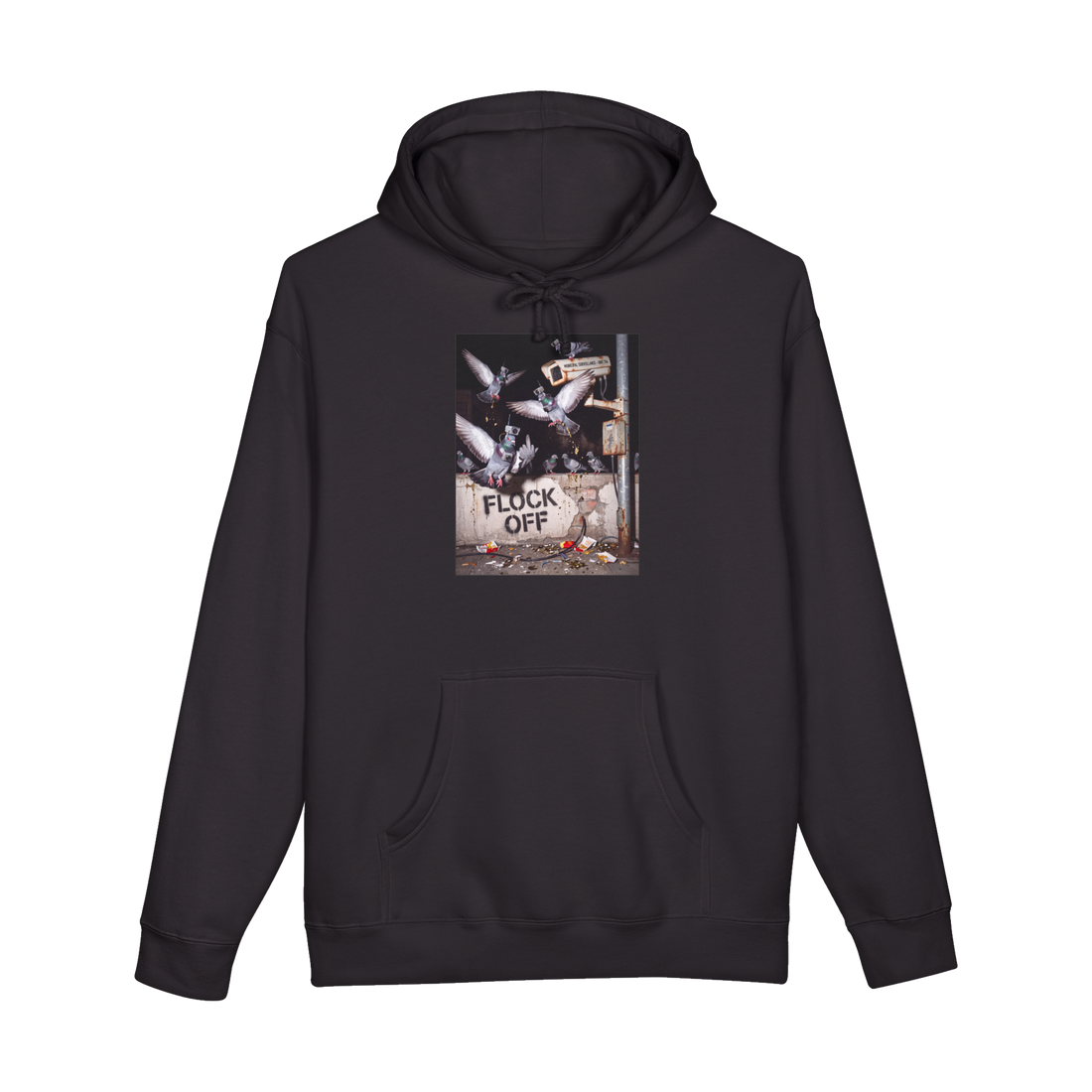 Camera-wearing pigeons attacking Flock cameras above a stenciled FLOCK OFF, on a hoodie — Black
