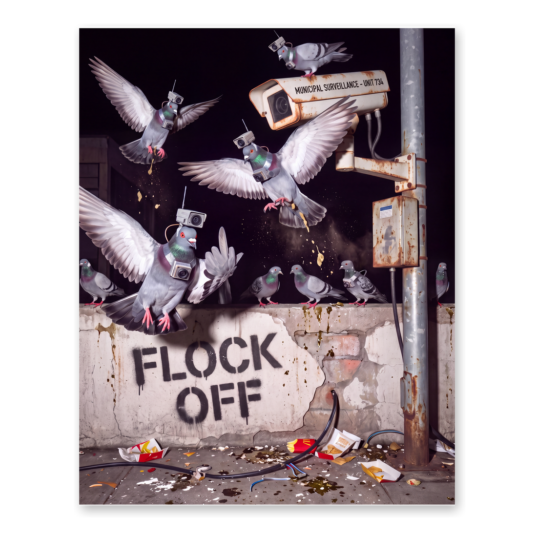 Camera-wearing pigeons attacking Flock cameras above a stenciled FLOCK OFF, on a poster