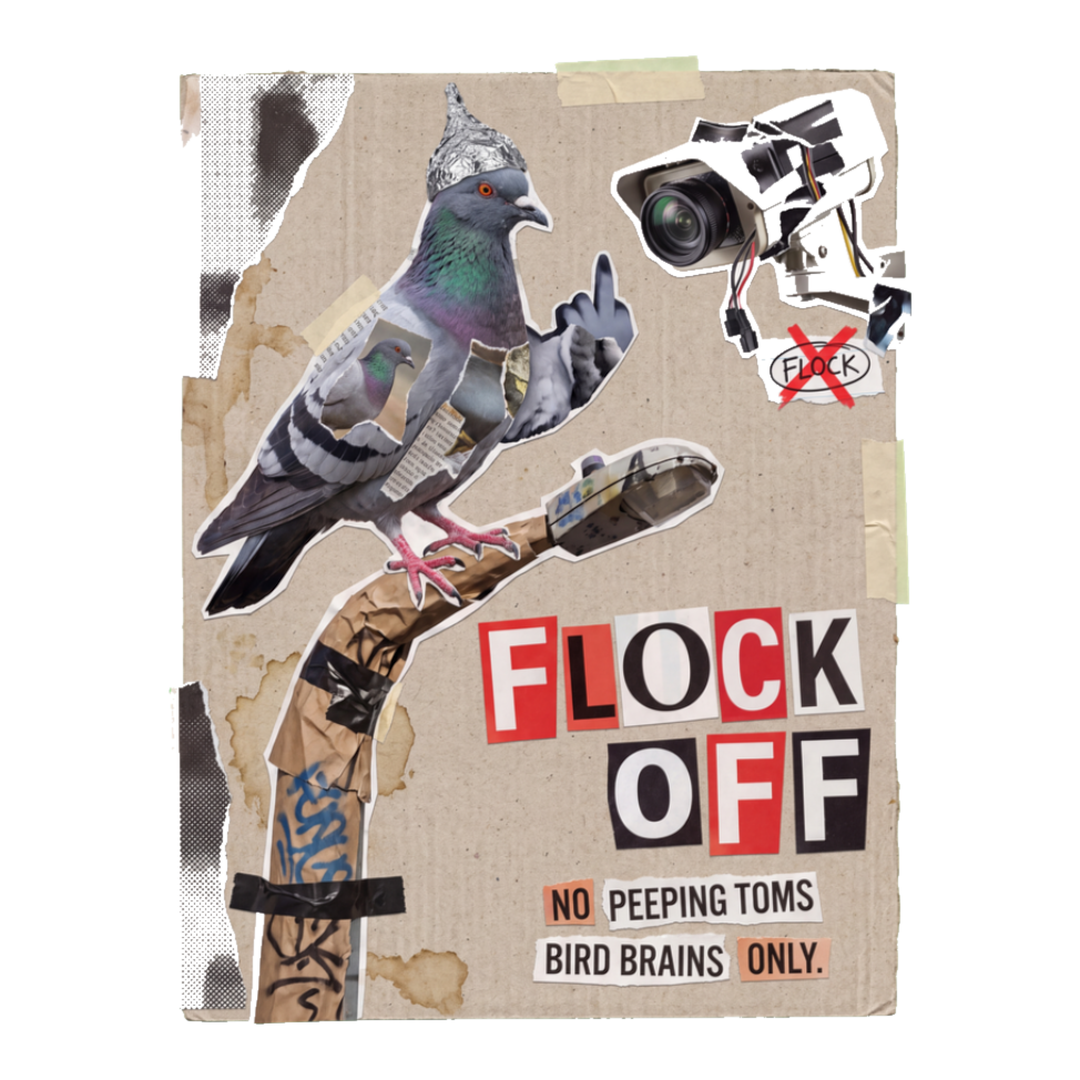 Flock Off Sticker — Funny Anti-Surveillance Camera Pigeon Decal — White
