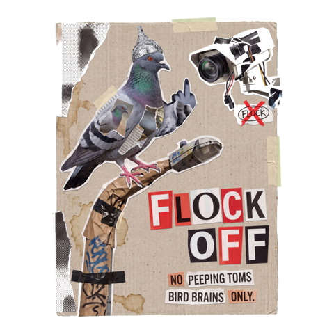 Flock Off Sticker — Funny Anti-Surveillance Camera Pigeon Decal — White