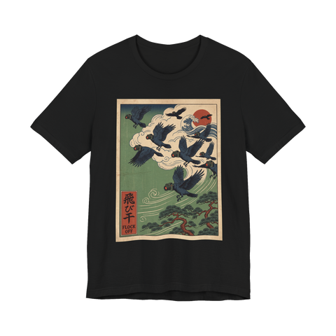 Woodblock-style crows with Flock cameras for heads flying over pines, FLOCK OFF, on a t-shirt — Black