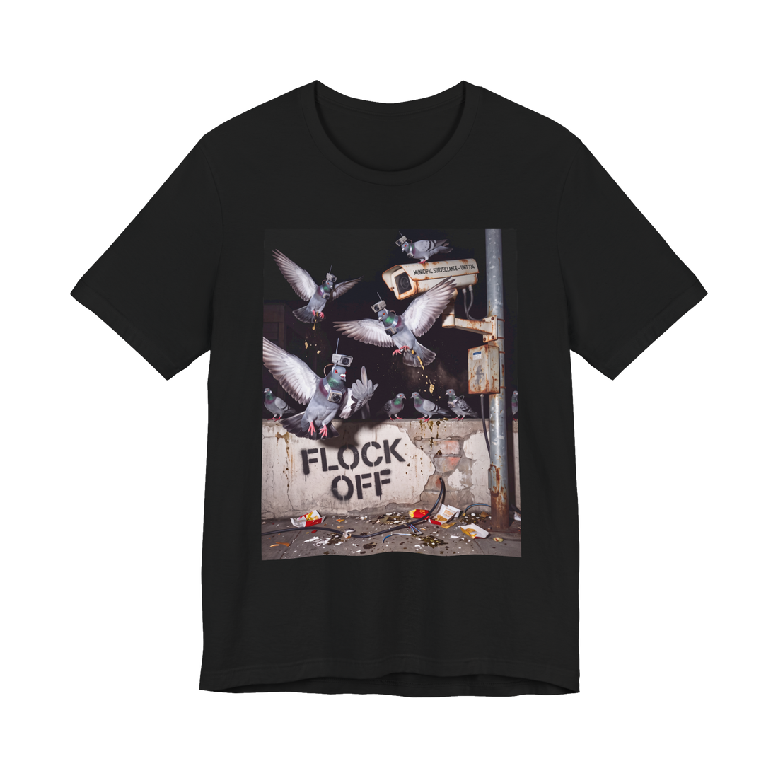 Camera-wearing pigeons attacking Flock cameras above a stenciled FLOCK OFF, on a t-shirt — Black