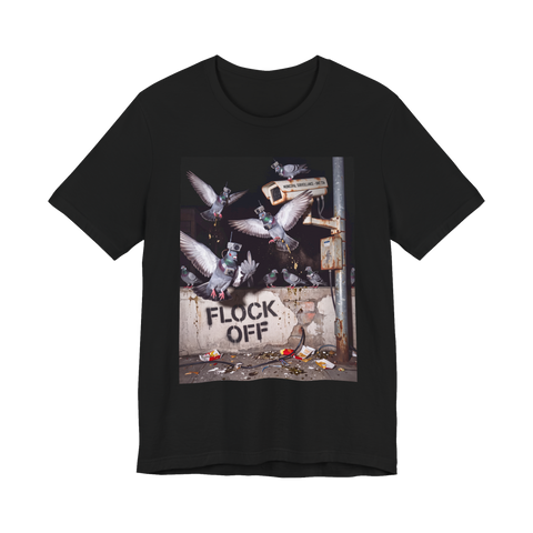 Camera-wearing pigeons attacking Flock cameras above a stenciled FLOCK OFF, on a t-shirt — Black