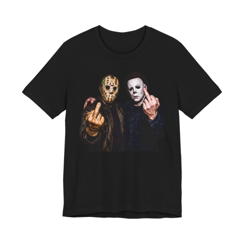 Michael Myers and Jason Voorhees posing arm in arm, both flipping the middle finger, on a t-shirt — Black