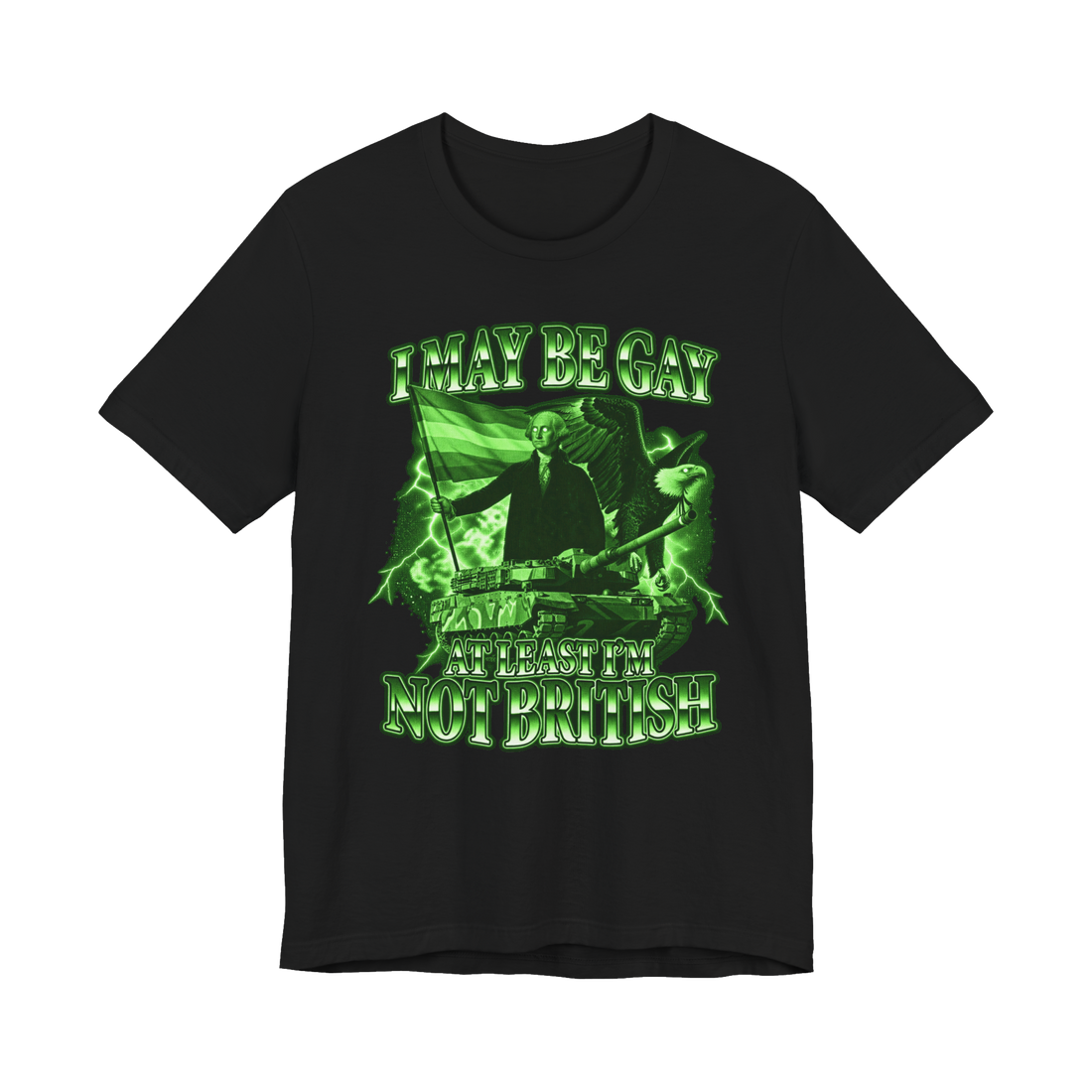 Gay But Not British T-Shirt — George Washington Pride Flag Lgbtq Bald — Black
