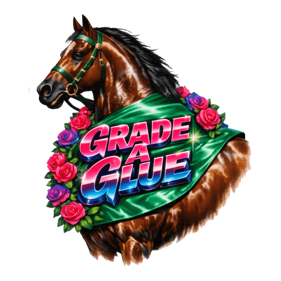 Airbrushed champion racehorse in a rose garland wearing a GRADE A GLUE winner's sash, on a sticker — White