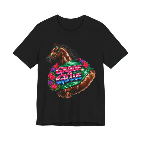 Glossy 80s airbrush racehorse in a rose garland with a sash reading GRADE A GLUE, on a t-shirt — Black