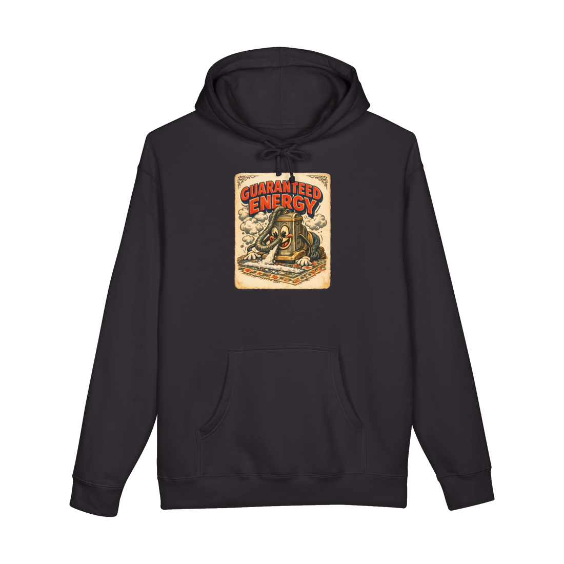 Vintage 1920s illustration of a frantic sentient vacuum cleaner snorting a line of dirt on a hoodie