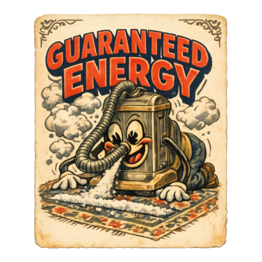 1920s trade card of a manic vacuum cleaner snorting a line of dust: GUARANTEED ENERGY, on a sticker — White