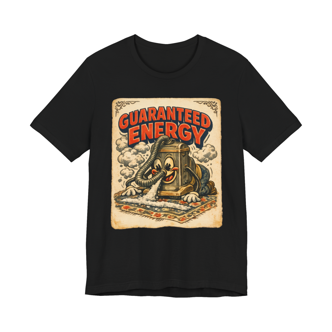 Vintage chromolithograph of a manic sentient vacuum cleaner eating dirt with the words Guaranteed Energy on a t-shirt