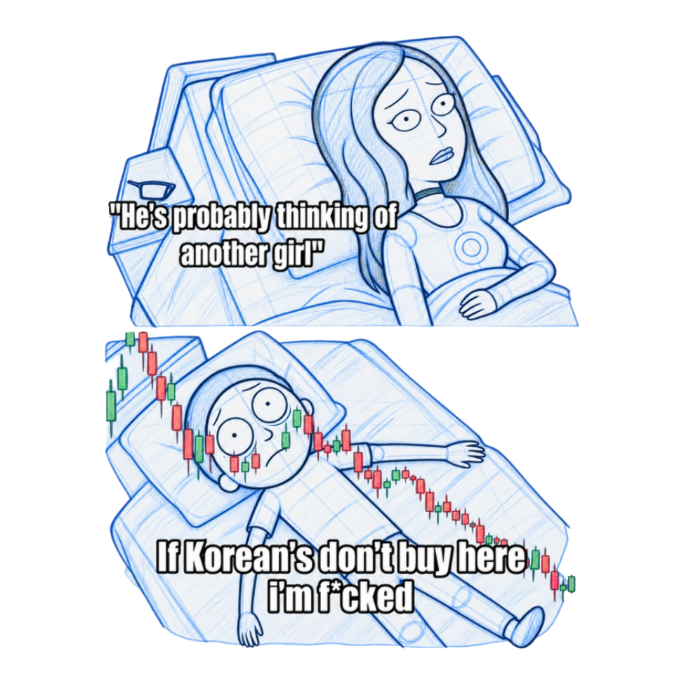 He's Thinking About Shitcoins Sticker — Funny Crypto Market Meme — White