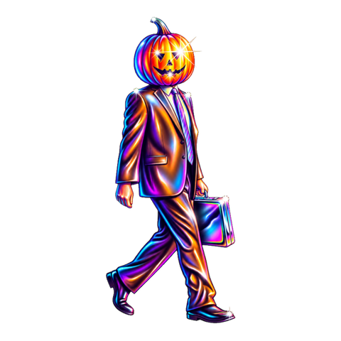 A carved jack-o-lantern wearing a corporate business suit, representing hollow middle management.