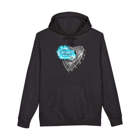 Ouija board planchette beaming a glowing Hot Ghosts Near You pop-up ad, on a hoodie — Black