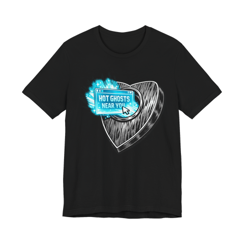 Ouija board planchette beaming a glowing Hot Ghosts Near You pop-up ad, on a t-shirt — Black
