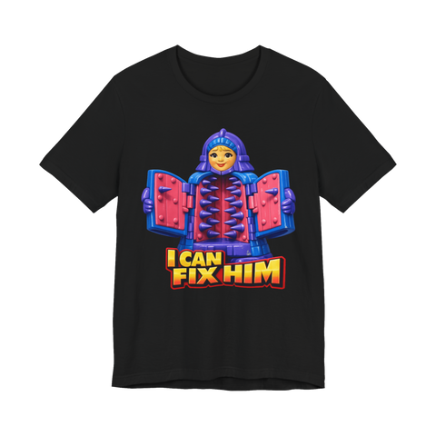 Toy-style iron maiden torture device opening its spiked doors, captioned I CAN FIX HIM, on a t-shirt — Black