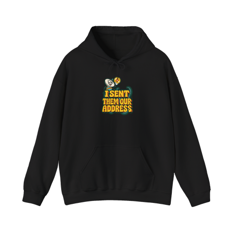 Retro cartoon Voyager Golden Record mascot over I SENT THEM OUR ADDRESS, on a hoodie — Black