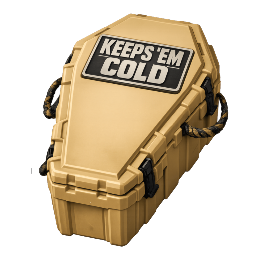 Yeti cooler parody shaped like a coffin, lid badge reading KEEPS 'EM COLD, on a sticker — White