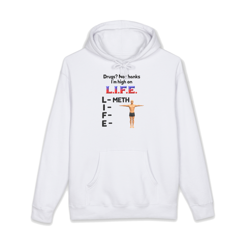 T-posing low poly man beside a high on life acrostic where L stands for METH, on a hoodie — White