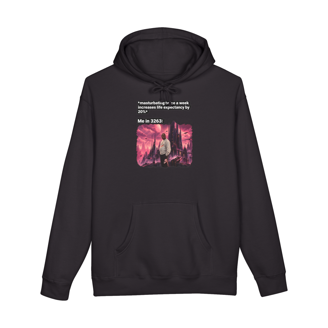 A funny sci-fi graphic of Lester Green in the year 3263 on a hoodie