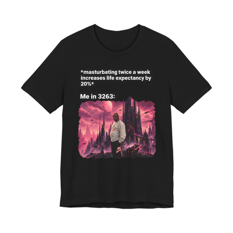 Beetlejuice Lester Green looking at a cyberpunk city in the year 3263 on a t-shirt