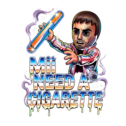 Nintendo Mii-style avatar brandishing a giant glowing cigarette over chrome lettering, on a sticker — White