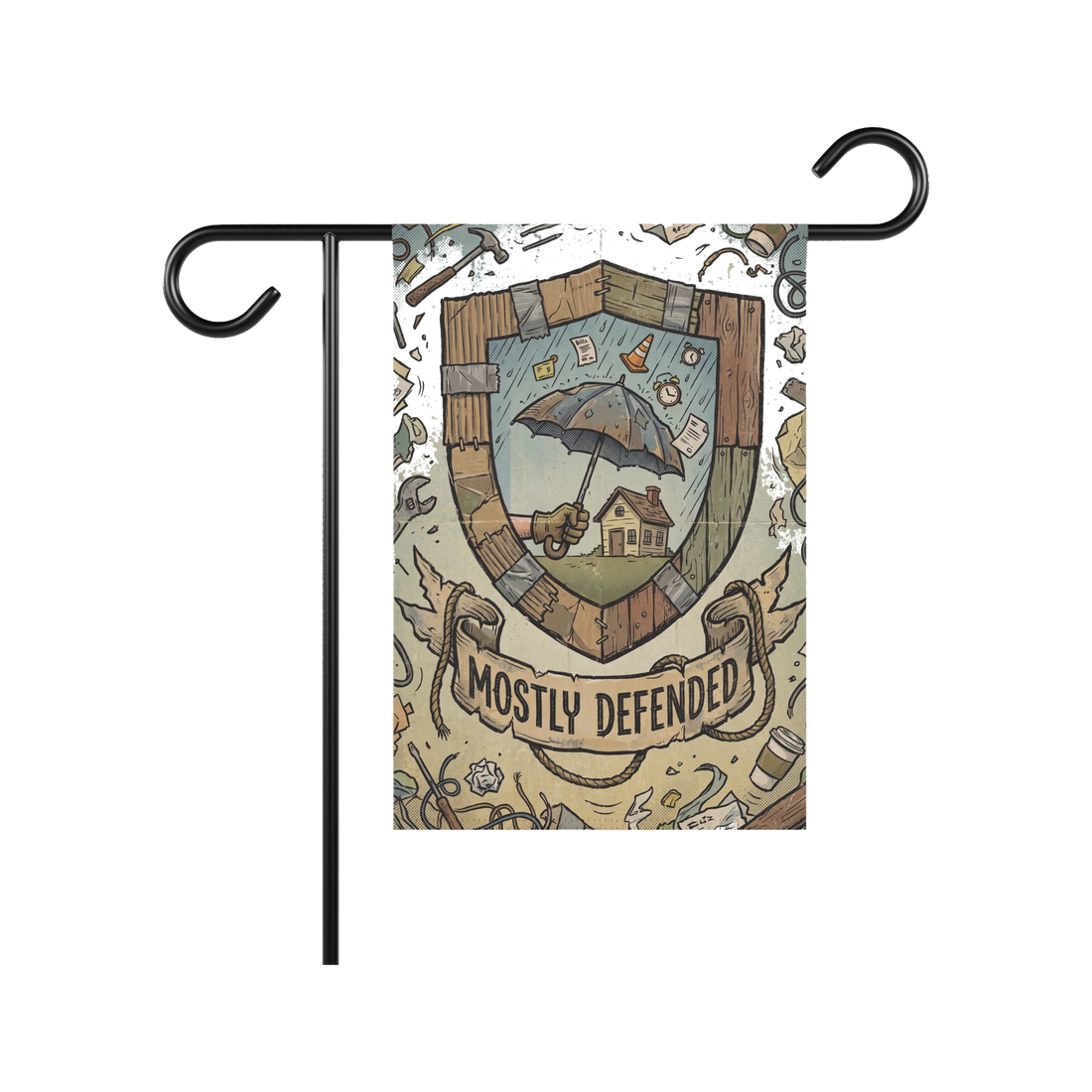 Mostly Defended Garden Flag — Funny Home Security Sign