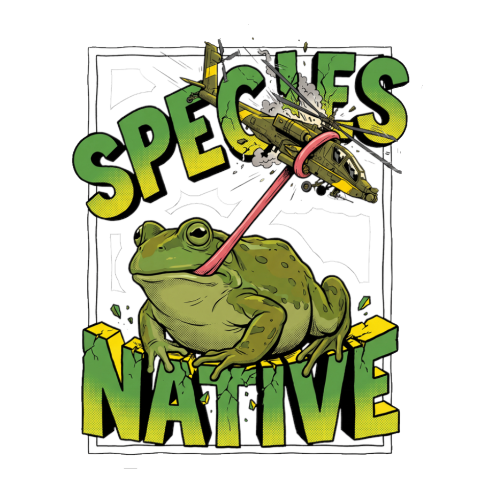 Native Species Sticker — Giant Frog Eating Fighter Jet