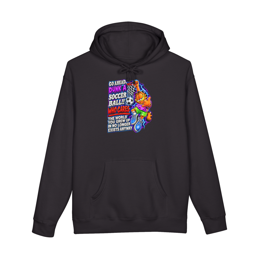 Nihilist Cat Soccer Dunk Hoodie — Garfield Nihilism Existential Dread — Black