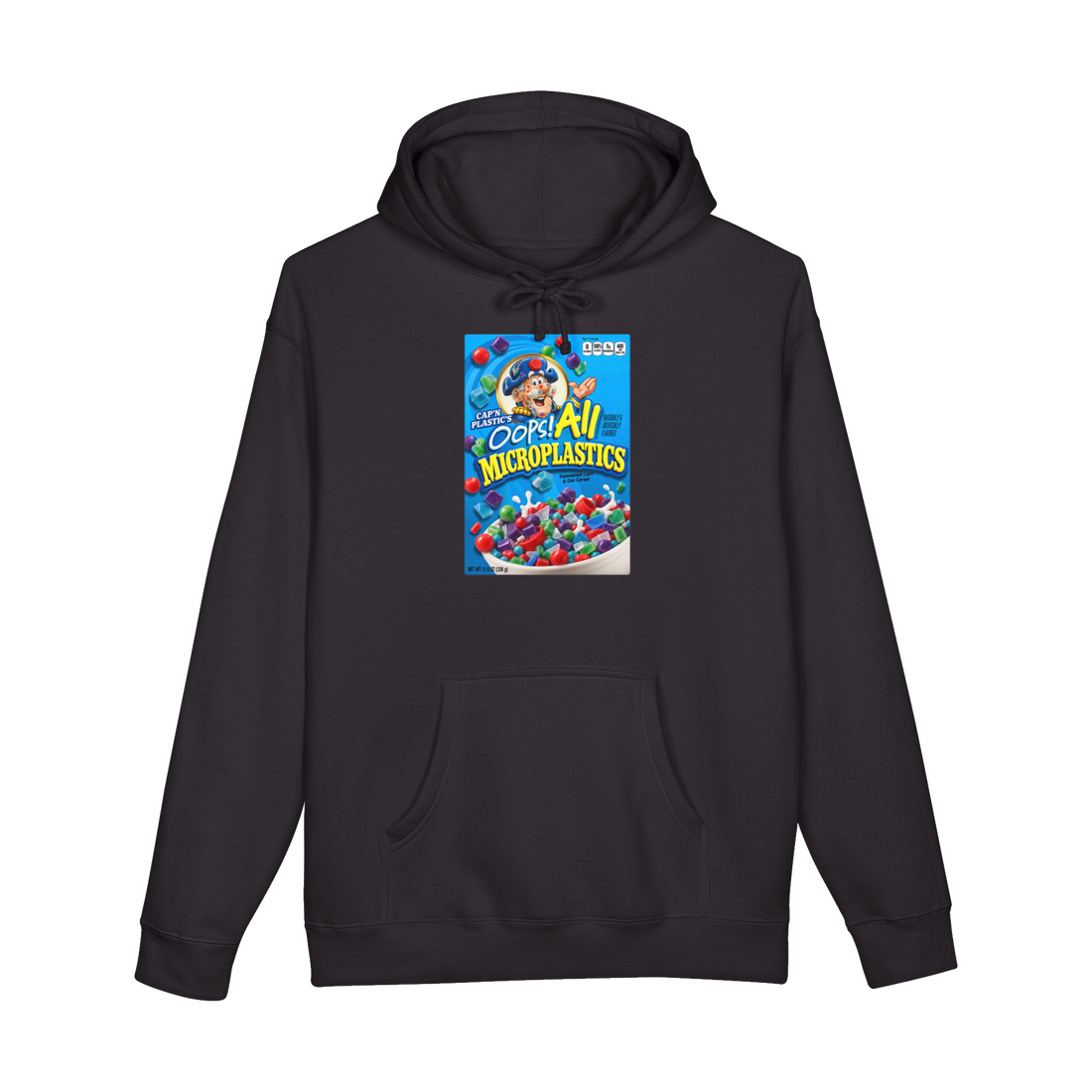 Cereal box parody of Oops! All Berries labeled OOPS ALL MICROPLASTICS, on a hoodie — Black