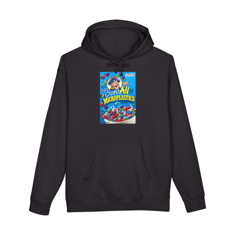 Cereal box parody of Oops! All Berries labeled OOPS ALL MICROPLASTICS, on a hoodie — Black