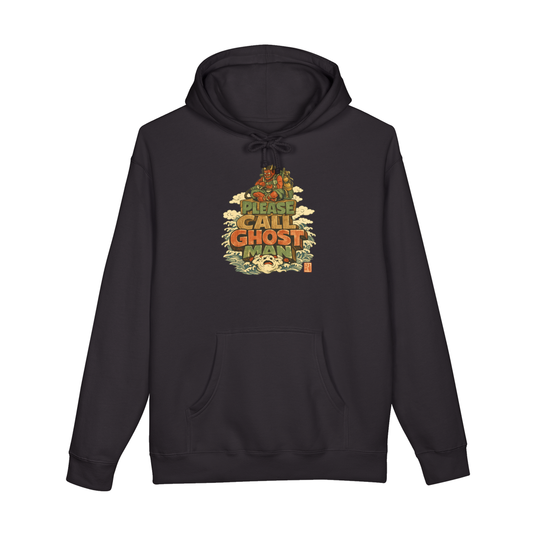 Woodblock-style oni demon with a Ghostbusters-style rope pack over Please Call Ghost Man, on a hoodie