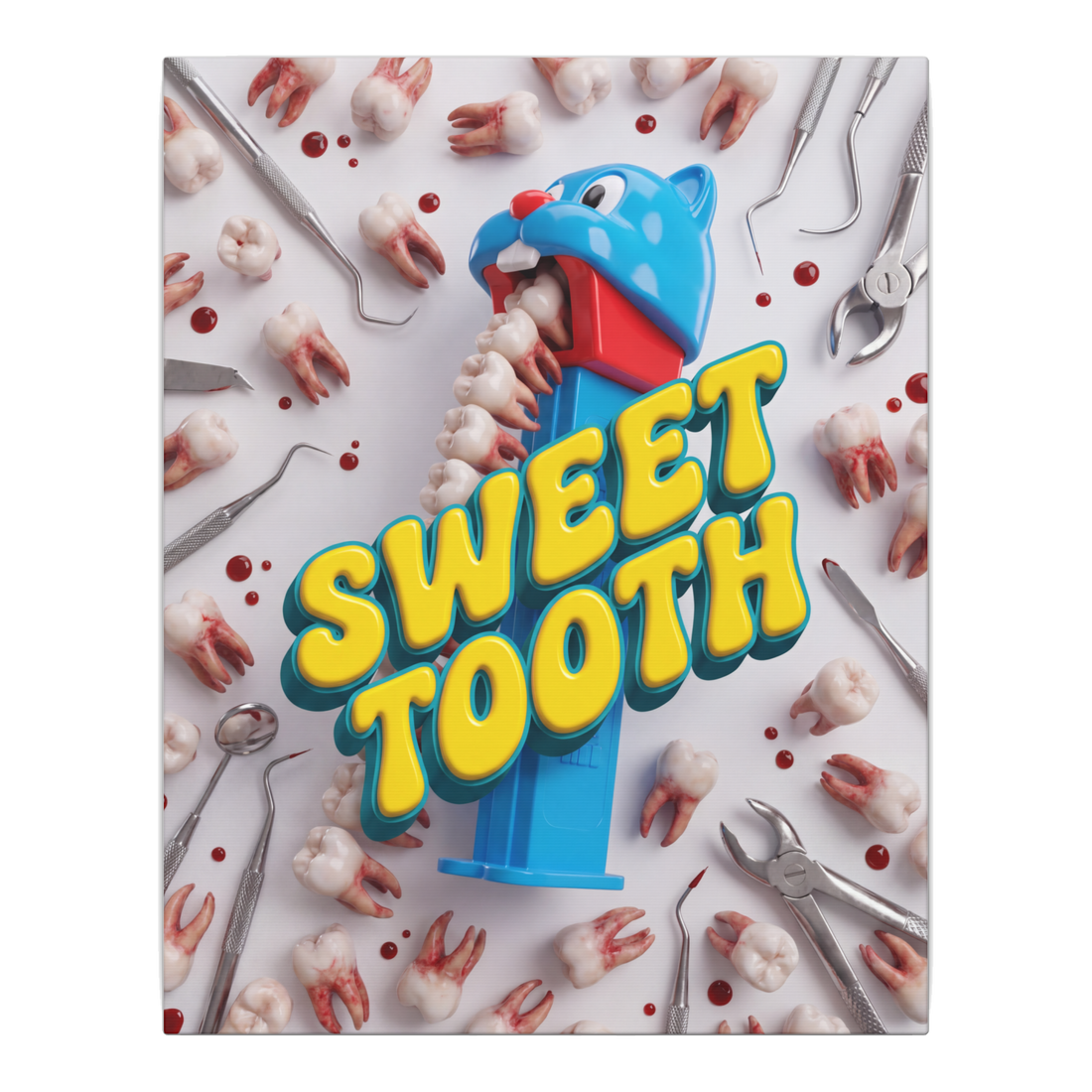 Retro cat-head candy dispenser pushing out bloody human molars under SWEET TOOTH, on canvas wall art — 0.75''