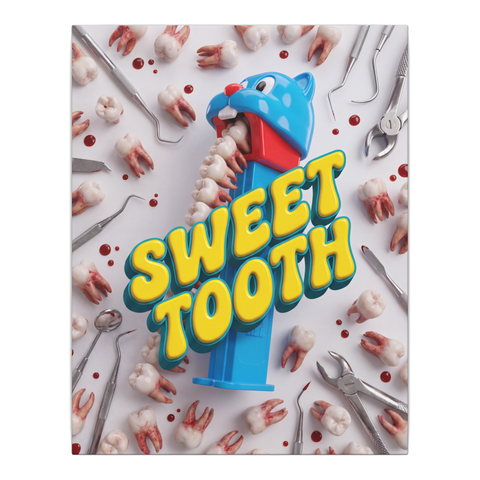 Retro cat-head candy dispenser pushing out bloody human molars under SWEET TOOTH, on canvas wall art — 0.75''
