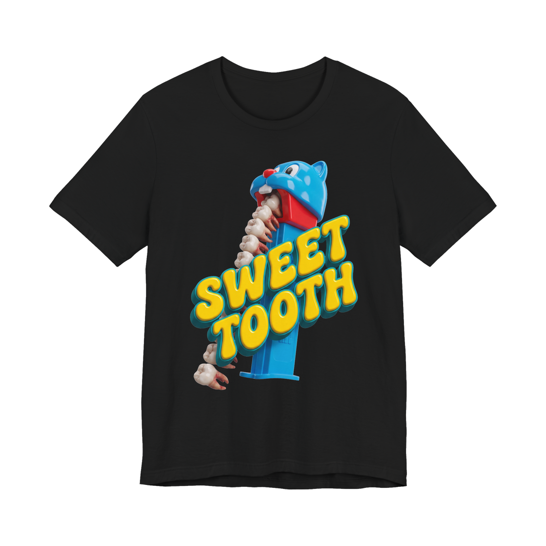 Retro cat-head candy dispenser pushing out bloody human molars under SWEET TOOTH, on a t-shirt — Black
