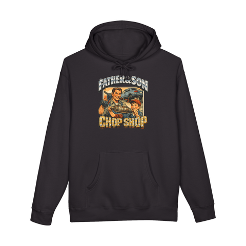 Vintage comic dad and son proudly holding a stolen catalytic converter at the Chop Shop, on a hoodie — Black