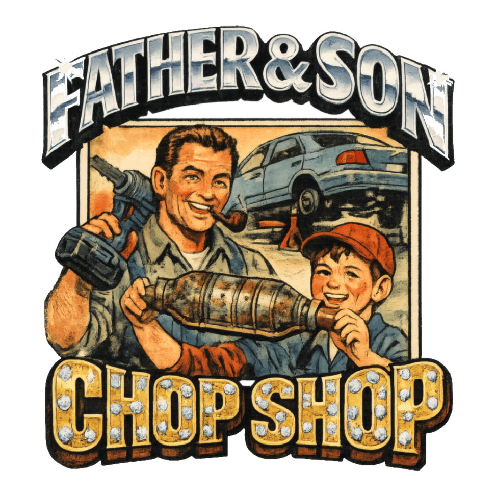 Wholesome 1950s dad and son holding a stolen catalytic converter, FATHER & SON CHOP SHOP, on a sticker — White
