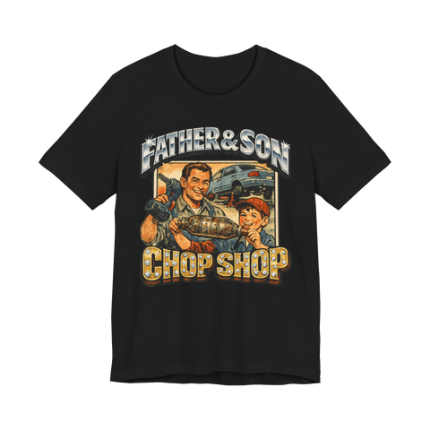 Vintage comic dad and son proudly holding a stolen catalytic converter at the Chop Shop, on a t-shirt — Black