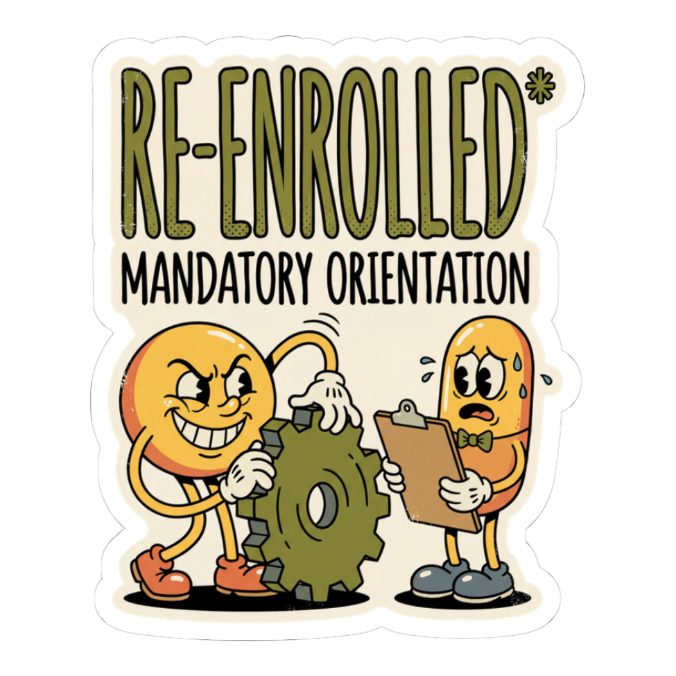 Re-Enrolled Mandatory Orientation Fall Cycle — Funny Sticker — White