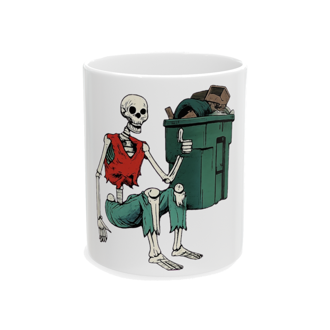 White ceramic coffee mug featuring a skeleton in a trash bag giving a thumbs up, waiting for pickup.