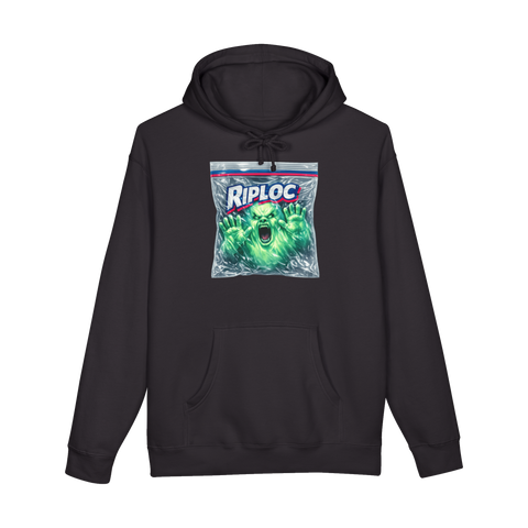 Furious screaming ghost sealed in a Ziploc-style bag branded RIPLOC, on a hoodie — Black
