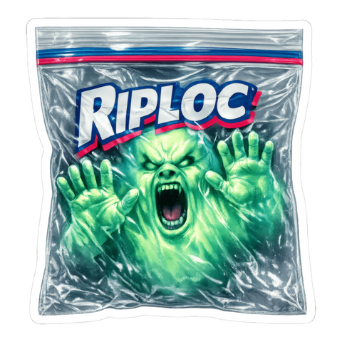 Screaming green ghost trapped inside a Ziploc-style sandwich bag branded RIPLOC, on a sticker — White