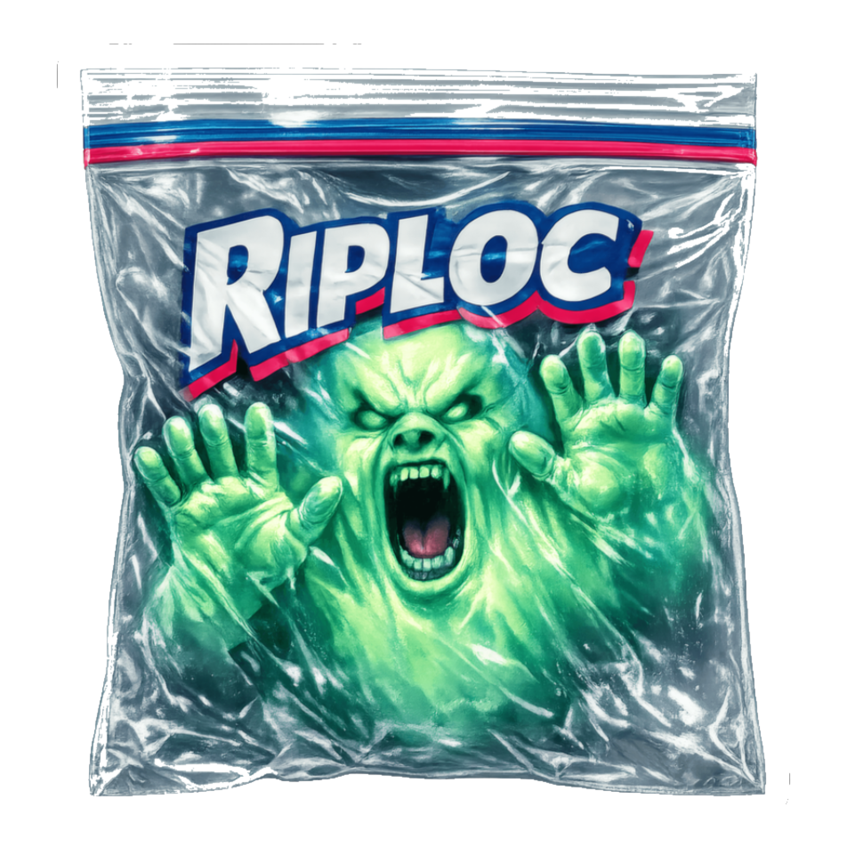Screaming green ghost trapped inside a Ziploc-style sandwich bag branded RIPLOC, on a sticker — White