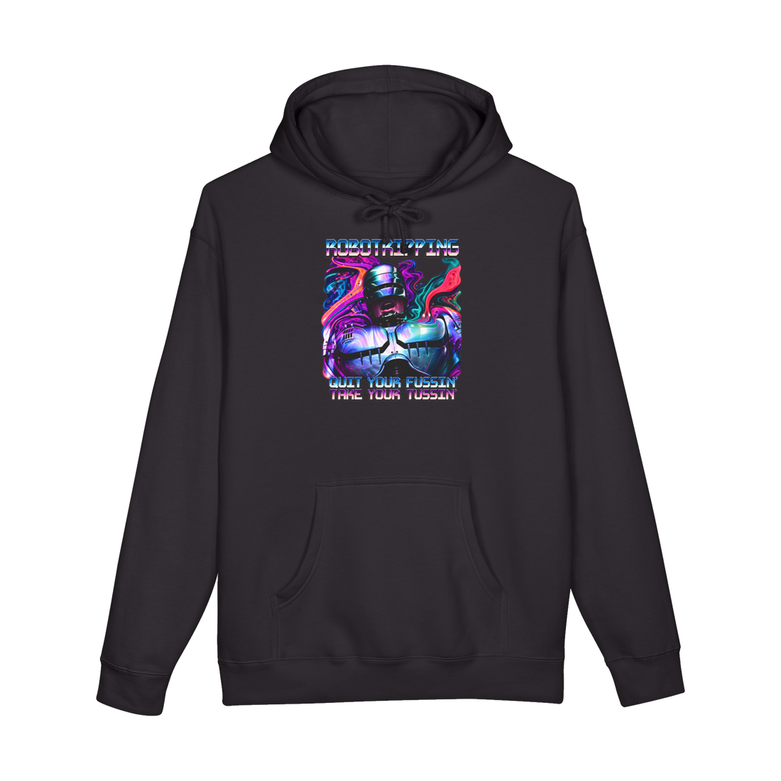 RoboCop melting in psychedelic swirls under ROBOTRIPPING and a Tussin slogan, on a hoodie — Black