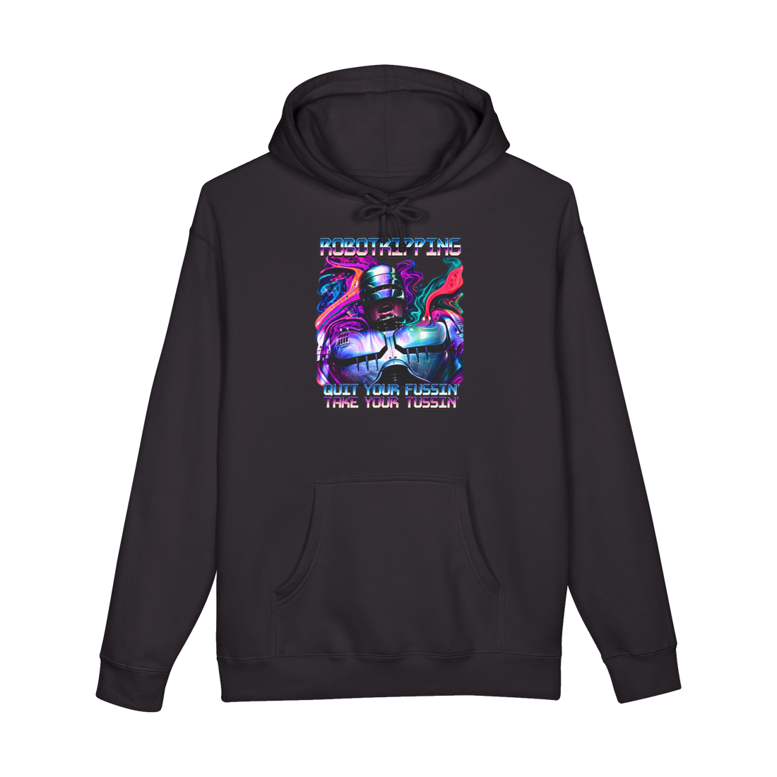 RoboCop melting in psychedelic swirls under ROBOTRIPPING and a Tussin slogan, on a hoodie — Black