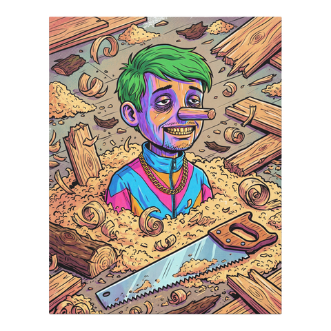 Off-brand Pinocchio in a tracksuit and gold chain with his nose sawed off flat, on canvas wall art — 0.75''