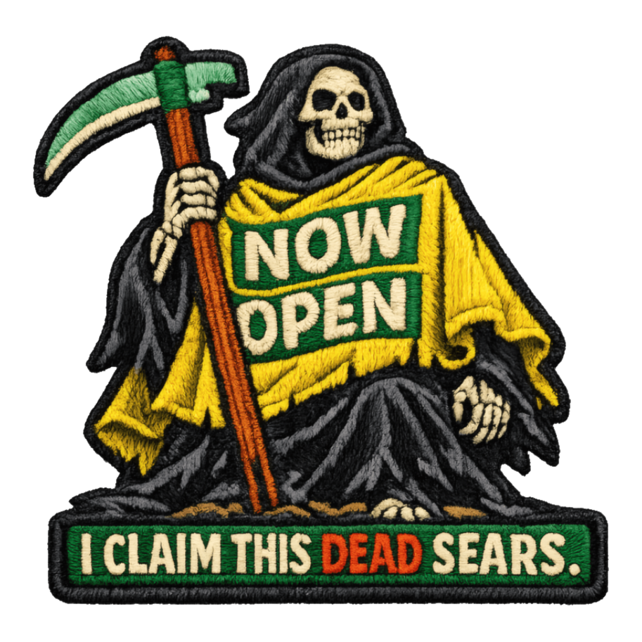 Seasonal Conqueror Sticker — Halloween Store Reaper Meme Grim Retail — White